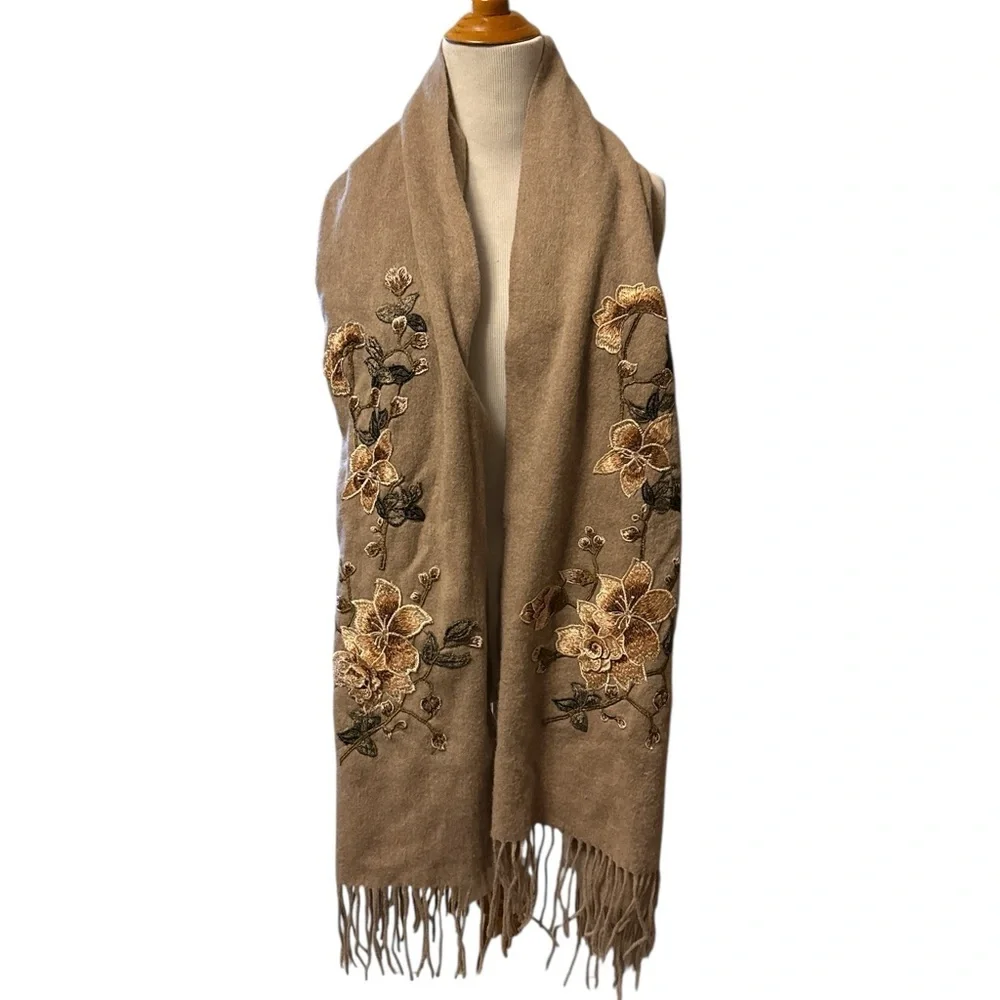 Embroidered 3D Floral Tan Wool Scarf, new